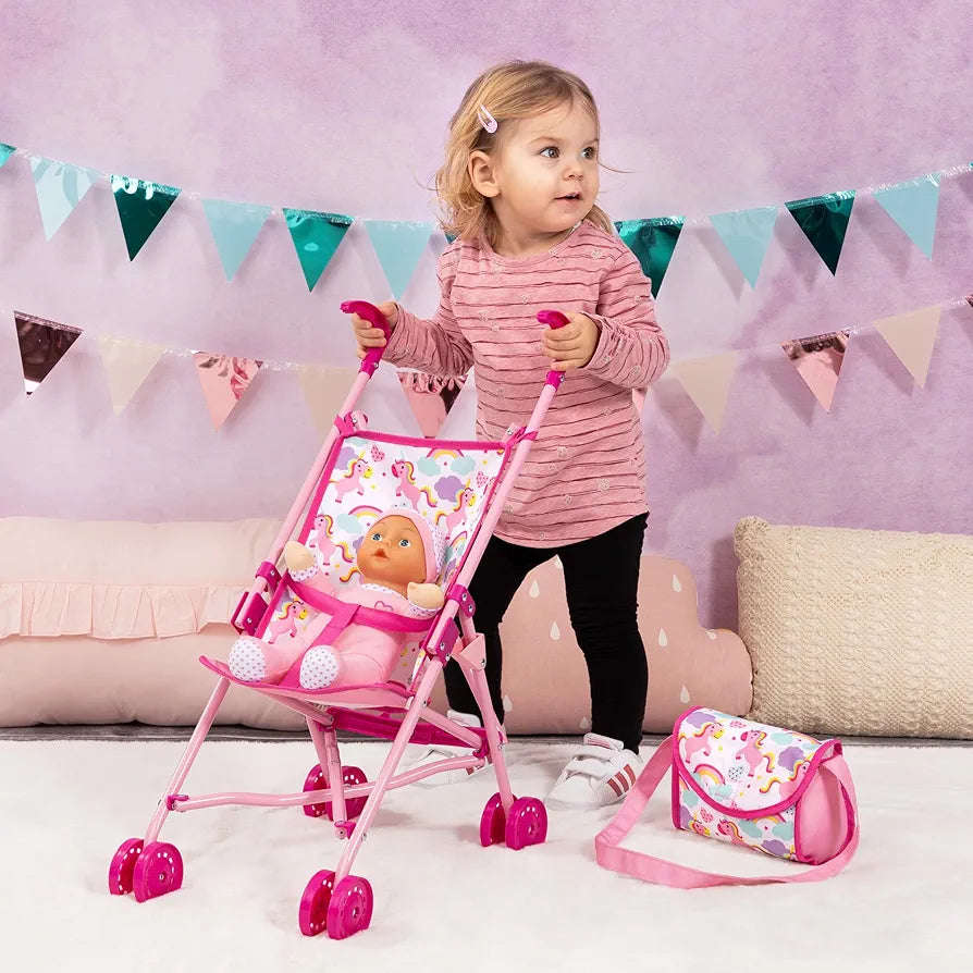 Bayer 10-in-1 Buggy Doll’s Pram Set (Pink/Unicorns) with 30cm Doll