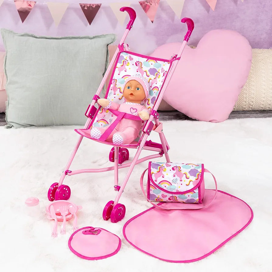 Bayer 10-in-1 Buggy Doll’s Pram Set (Pink/Unicorns) with 30cm Doll