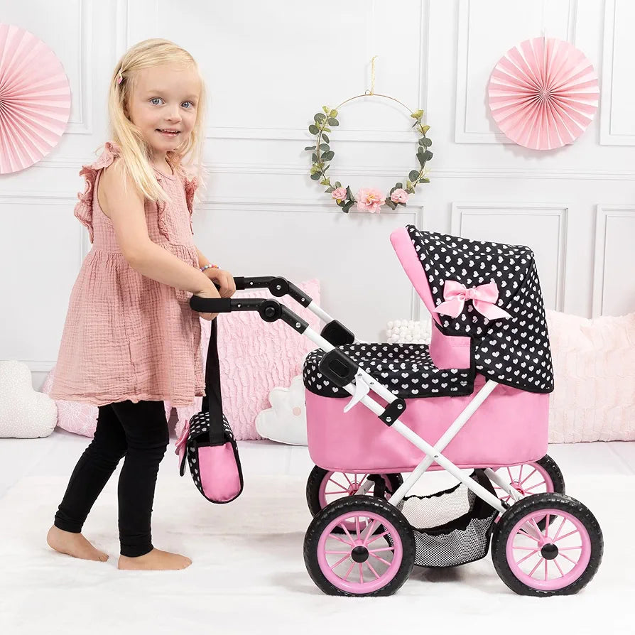 Bayer Trendy Doll’s Pram (Black/Pink Hearts)