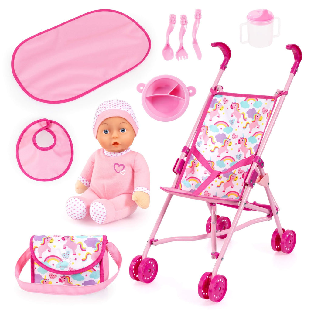 Bayer 10-in-1 Buggy Doll’s Pram Set (Pink/Unicorns) with 30cm Doll